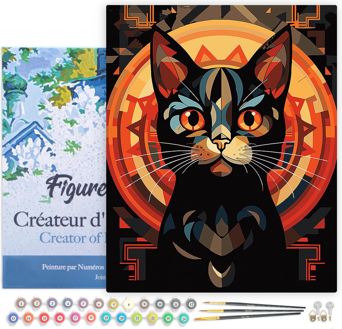 FiguredArt Schilderen op Nummer Volwassenen met lijst Art Deco Zwarte Kat- Handwerk acrylverf Kit DIY Compleet - 40x50cm Canvas al ingelijst